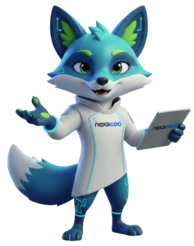 Nex, the NexaCOD mascot, holding a tablet